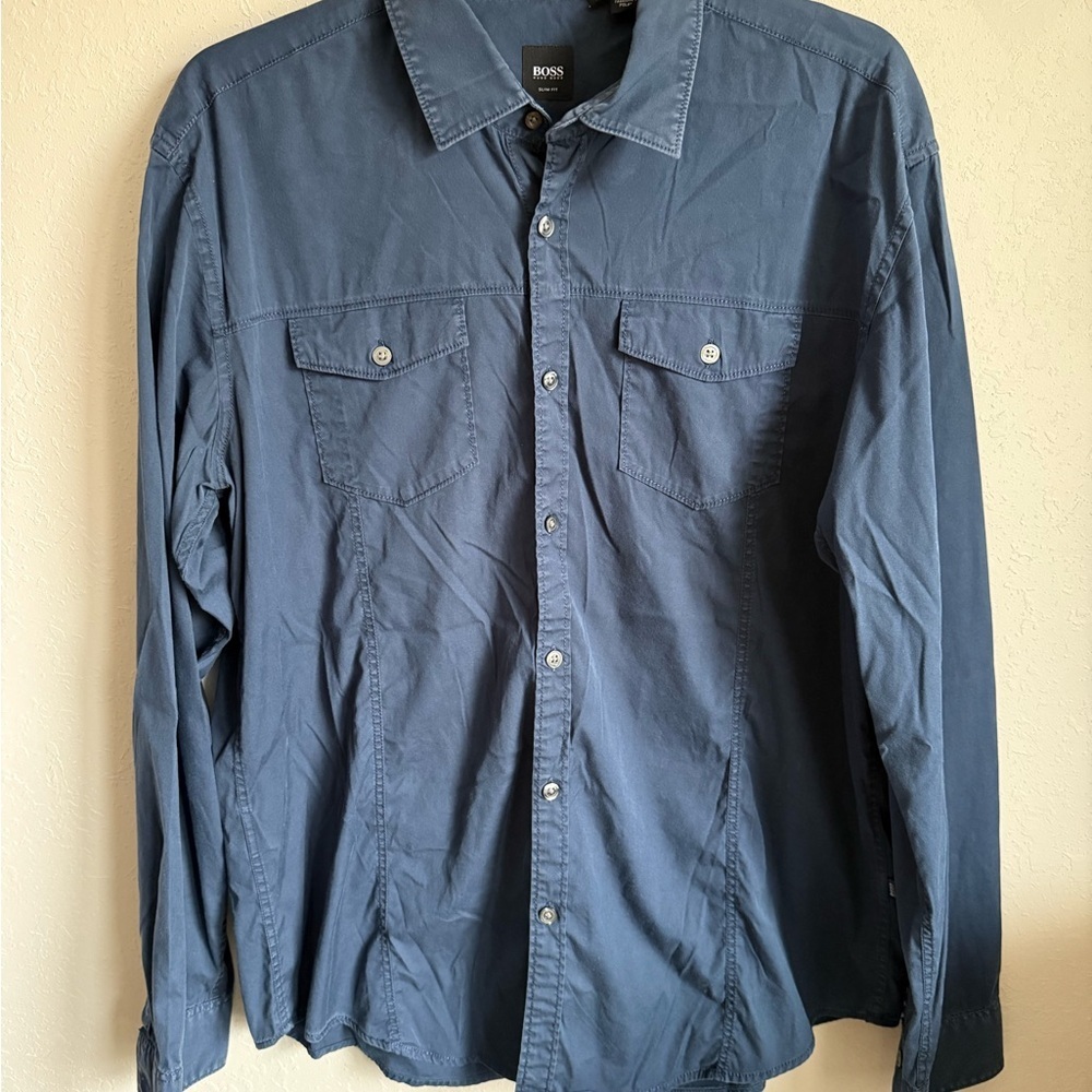 Mens XL Blue Hugo Boss Slim Fit Business Casual Date Night Staple Classic Shirt